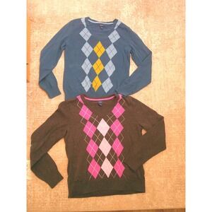 IZOD Argyle V Neck Sweaters Blue Yellow & Gray Pink Set Size Medium